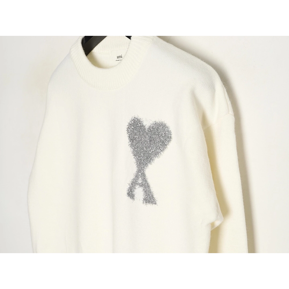 Ami minimalist style crew neck sweater with silver thread heart logo,Ami