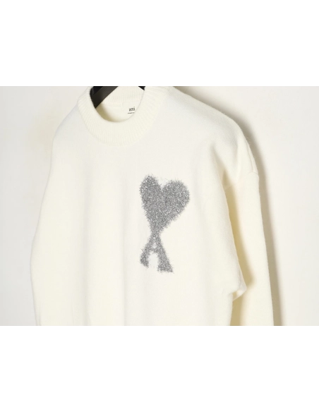 Ami minimalist style crew neck sweater with silver thread heart logo,Ami