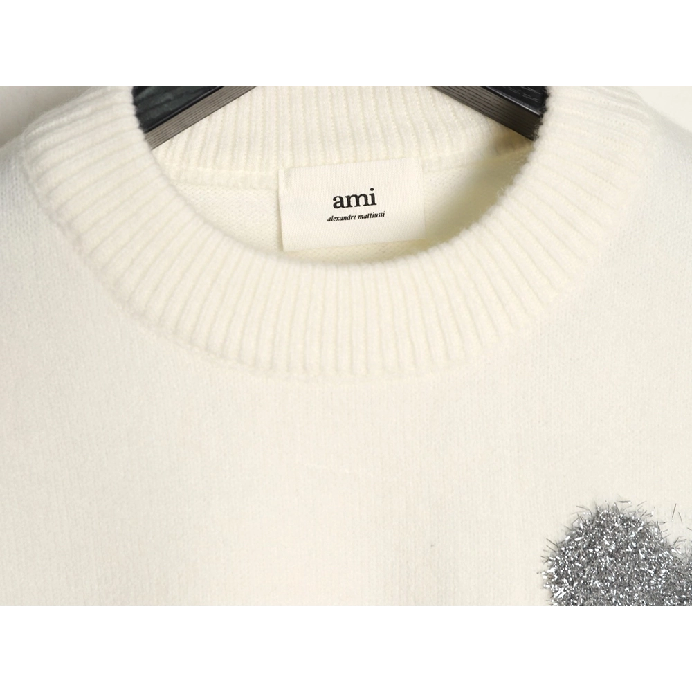Ami minimalist style crew neck sweater with silver thread heart logo,Ami