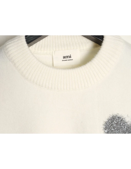 Ami minimalist style crew neck sweater with silver thread heart logo,Ami
