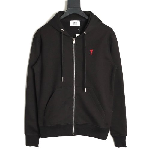 Ami Paris Heart Embroidered Zip-Up Hooded Jacket TSK2,Ami