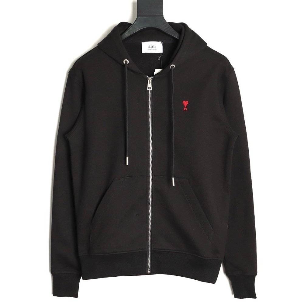 Ami Paris Heart Embroidered Zip-Up Hooded Jacket TSK2,Ami