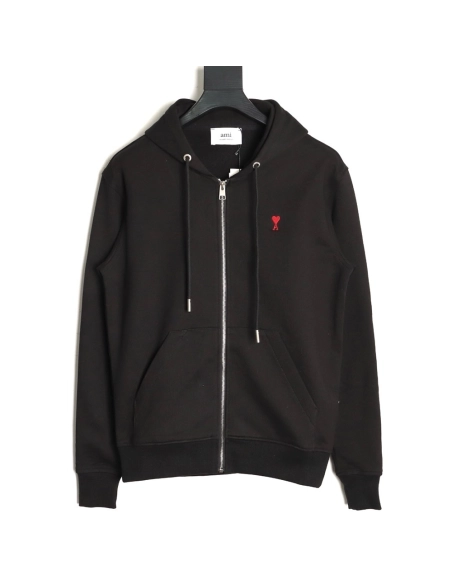 Ami Paris Heart Embroidered Zip-Up Hooded Jacket TSK2,Ami