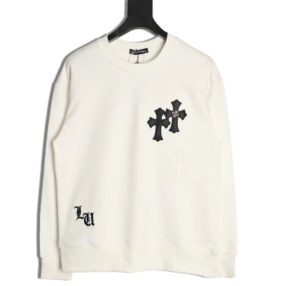 Chrome Hearts Leather Label Cross Crew Neck Sweatshirt,Chrome Hearts