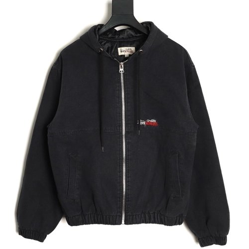 Stussy washed distressed logo embroidered lettering zipup down jacket,Stussy Jacket,Jacket,APPAREL