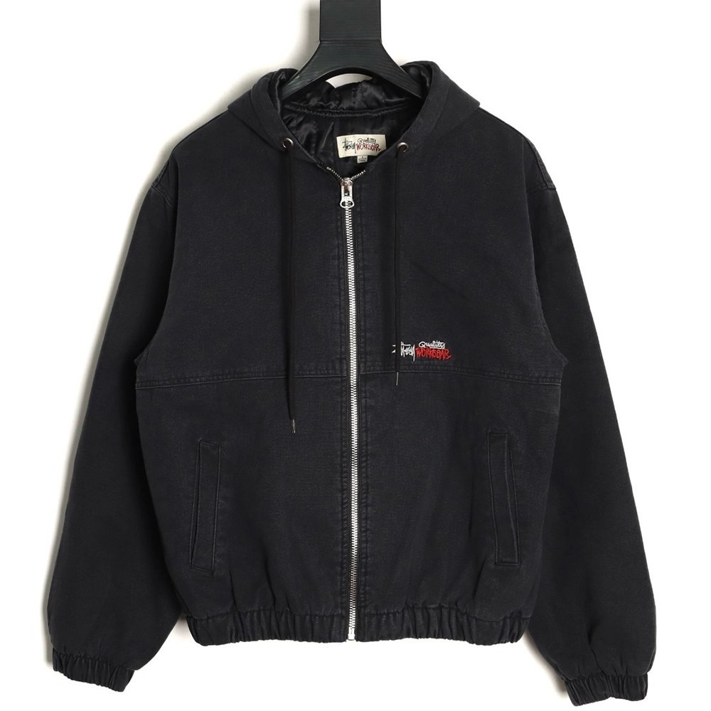 Stussy washed distressed logo embroidered lettering zipup down jacket,Stussy Jacket,Jacket,APPAREL