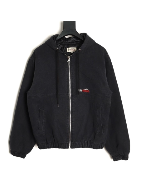 Stussy washed distressed logo embroidered lettering zipup down jacket,Stussy Jacket,Jacket,APPAREL