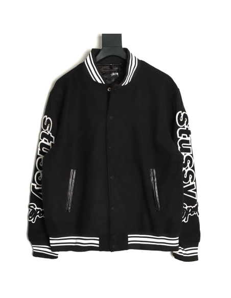 Stussy terry cloth embroidered letter baseball jacket,Stussy Jacket,Jacket,APPAREL