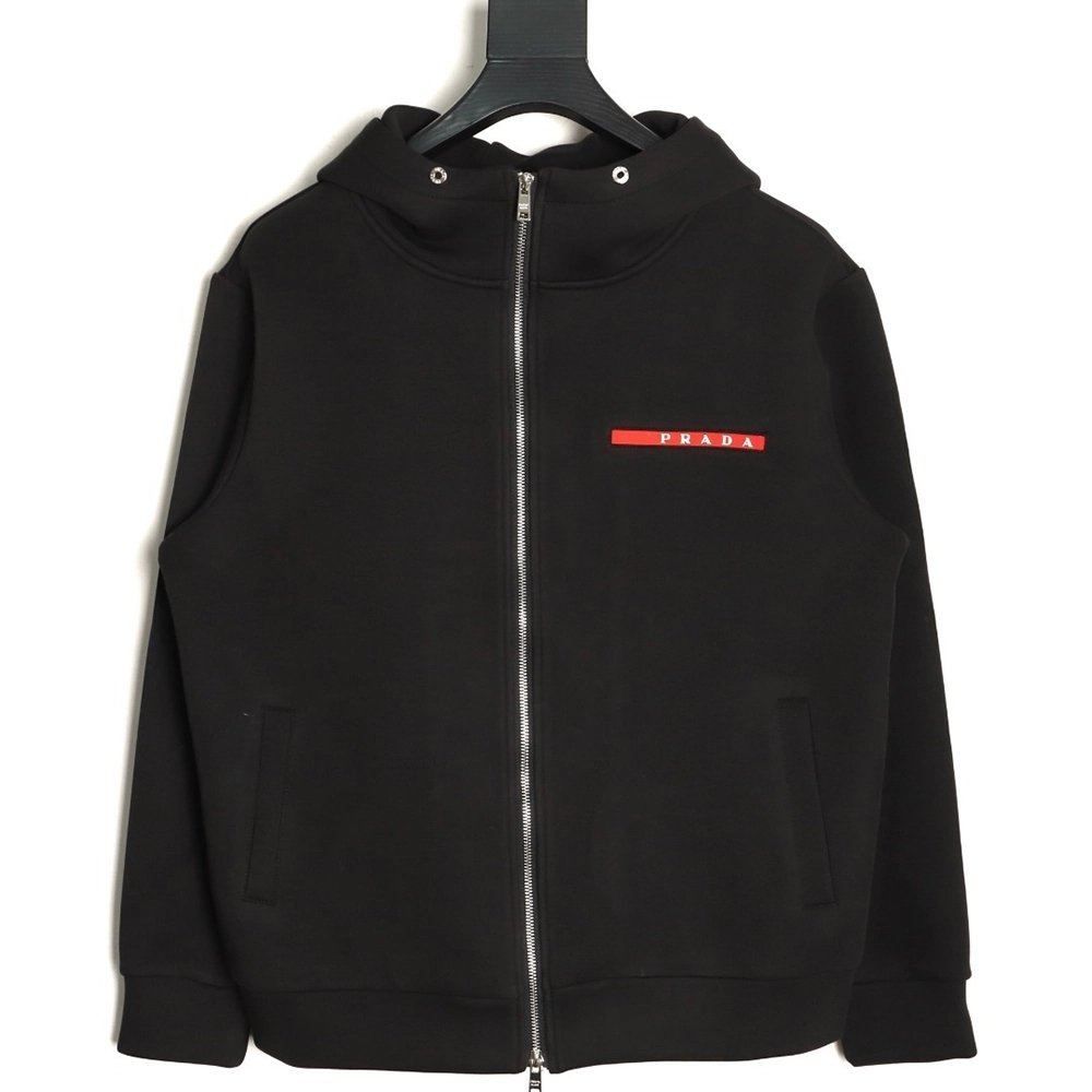 Prada red logo trim rubber strip air layer double zipper hooded jacket,Prada Jacket,Jacket,APPAREL
