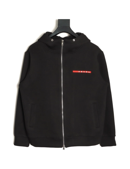 Prada red logo trim rubber strip air layer double zipper hooded jacket,Prada Jacket,Jacket,APPAREL