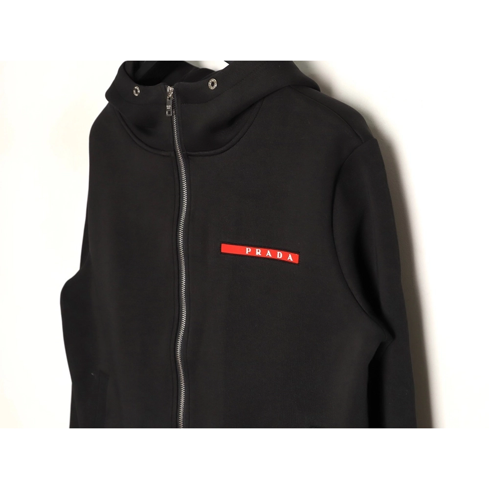 Prada red logo trim rubber strip air layer double zipper hooded jacket,Prada Jacket,Jacket,APPAREL