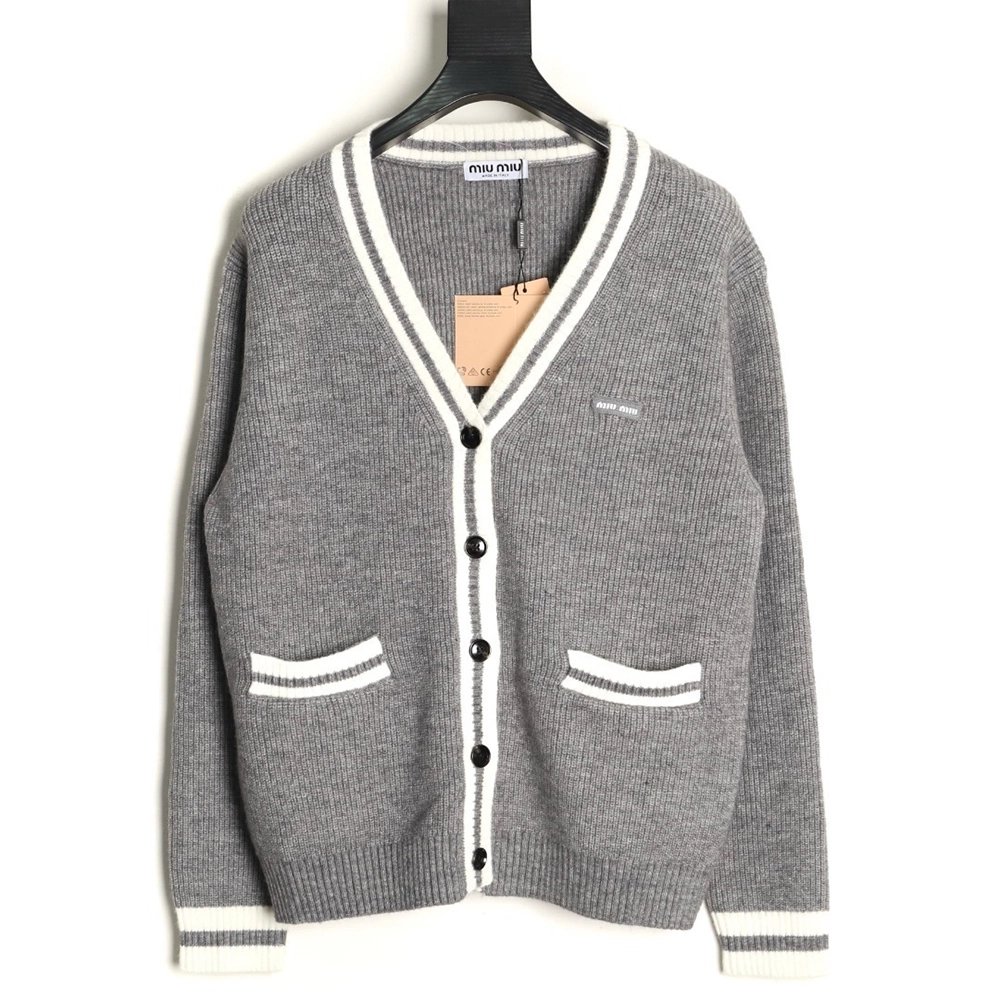 Miu Miu grey and white striped knitted cardigan sweater,Miu Miu Sweatshirt,Sweatshirt,APPAREL