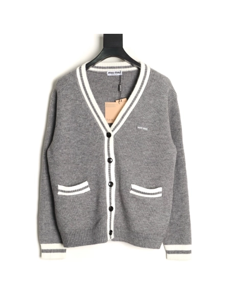 Miu Miu grey and white striped knitted cardigan sweater,Miu Miu Sweatshirt,Sweatshirt,APPAREL