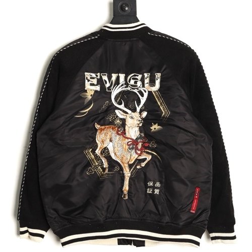 Evisu Deer Embroidery Patchwork Retro Letter Baseball Jersey,Evisu Jacket,Jacket,APPAREL