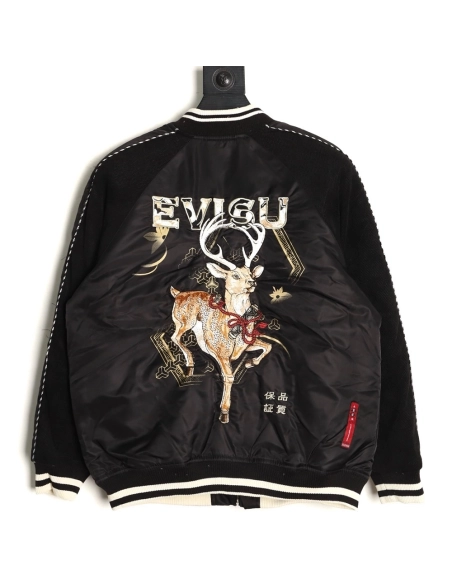 Evisu Deer Embroidery Patchwork Retro Letter Baseball Jersey,Evisu Jacket,Jacket,APPAREL