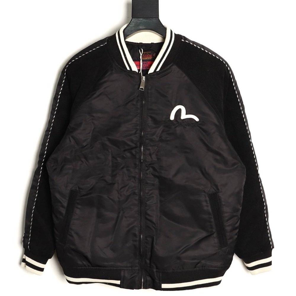 Evisu Deer Embroidery Patchwork Retro Letter Baseball Jersey,Evisu Jacket,Jacket,APPAREL