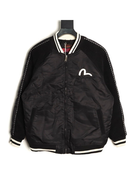 Evisu Deer Embroidery Patchwork Retro Letter Baseball Jersey,Evisu Jacket,Jacket,APPAREL