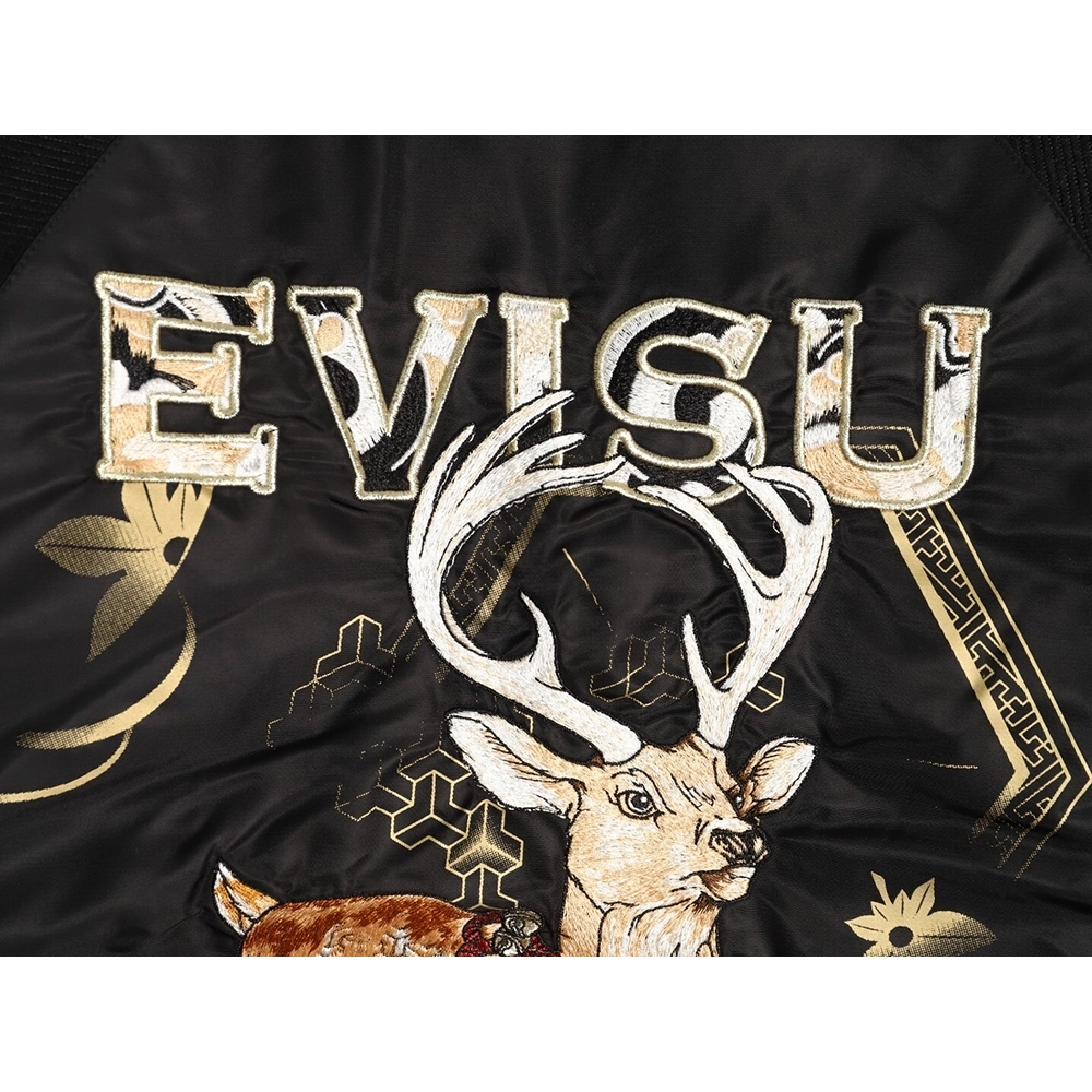 Evisu Deer Embroidery Patchwork Retro Letter Baseball Jersey,Evisu Jacket,Jacket,APPAREL