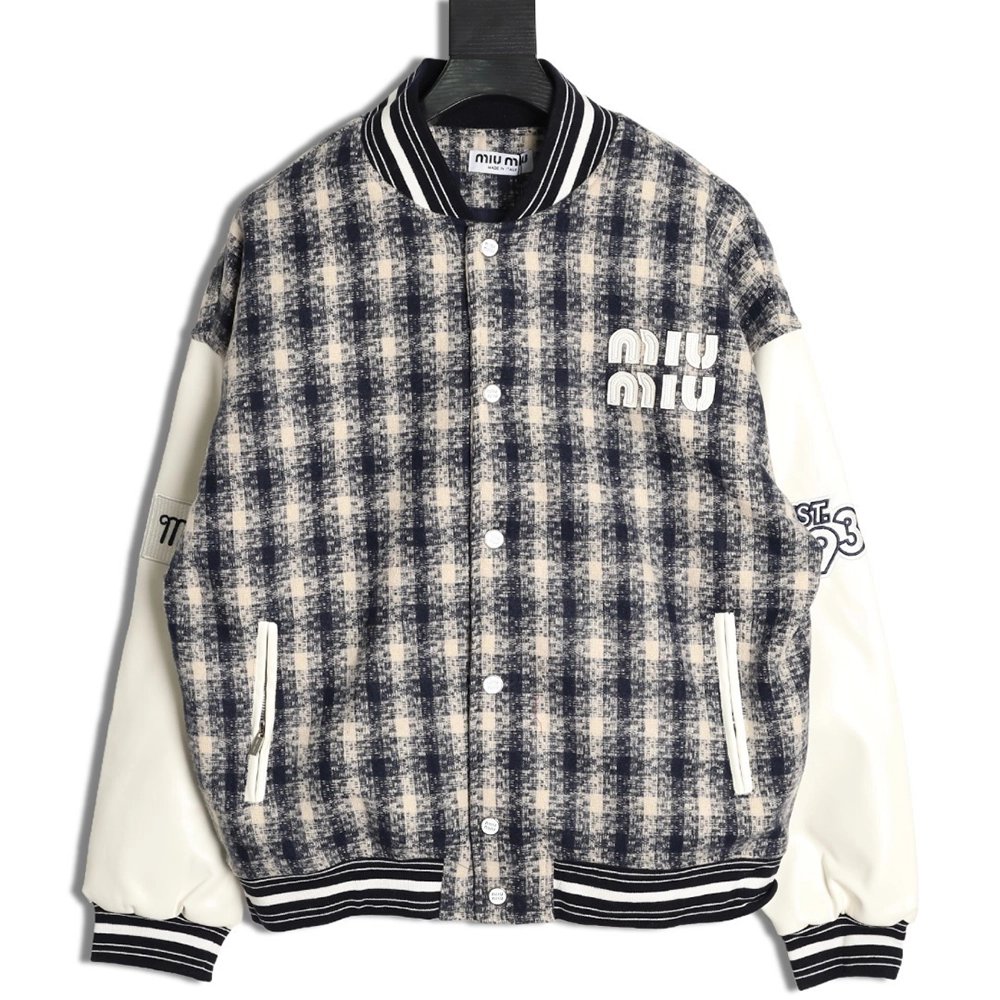 Miu Miu applique embroidery patchwork baseball jacket,Miu Miu Jacket,Jacket,APPAREL