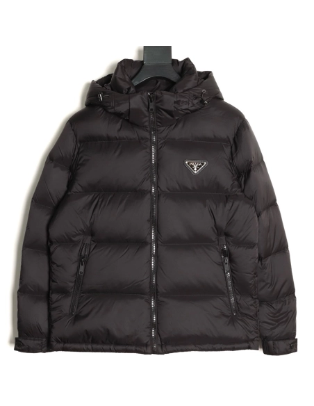 Prada chest triangle logo hooded down jacket,Prada Jacket,Jacket,APPAREL