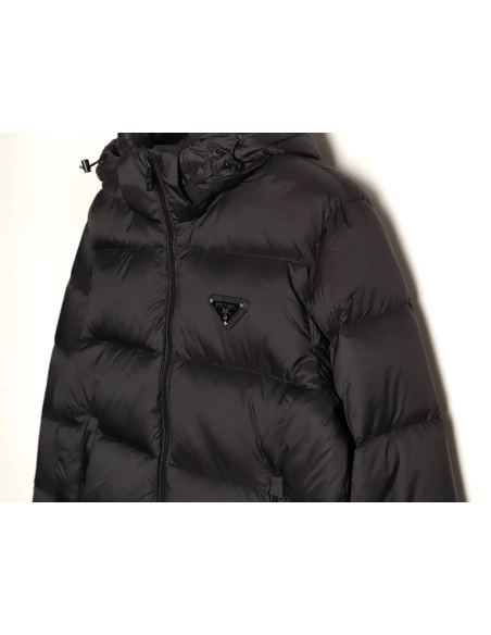 Prada chest triangle logo hooded down jacket,Prada Jacket,Jacket,APPAREL