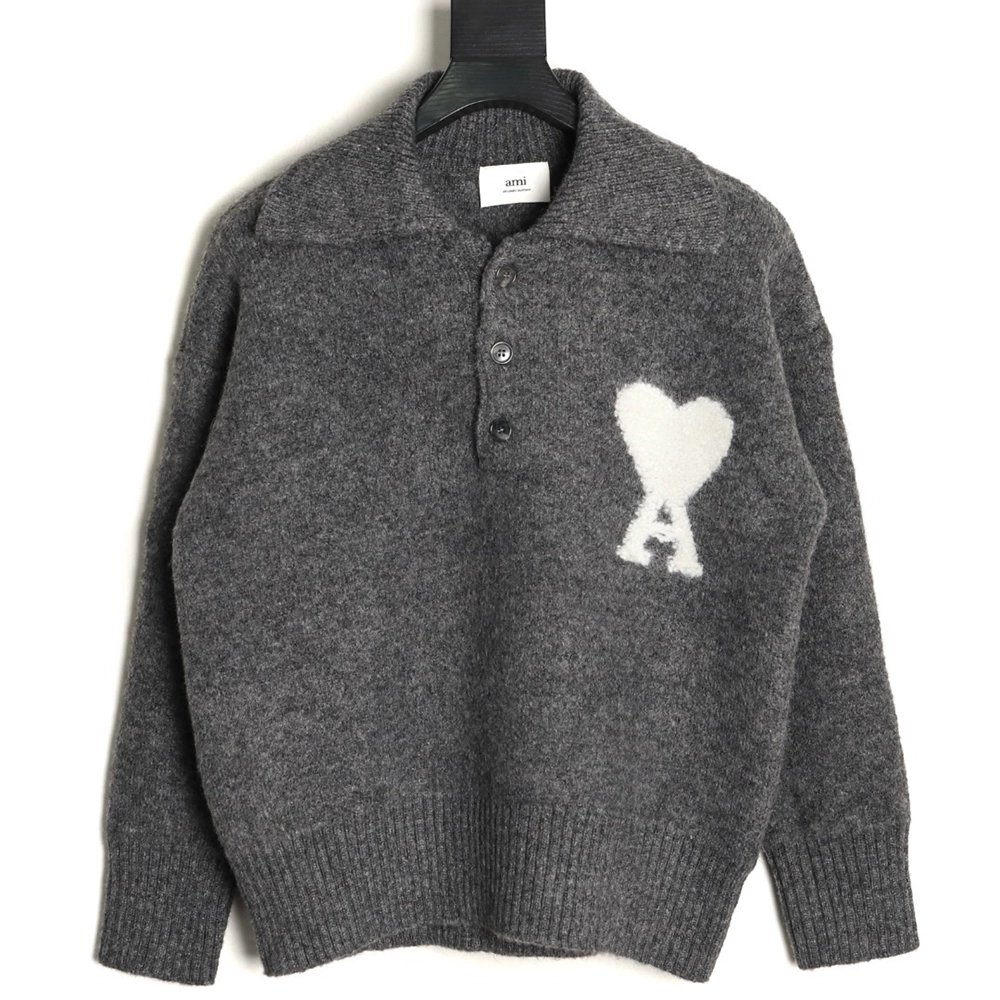 Ami minimalist heart logo collared polo sweater,Ami Sweatshirt,Sweatshirt,APPAREL
