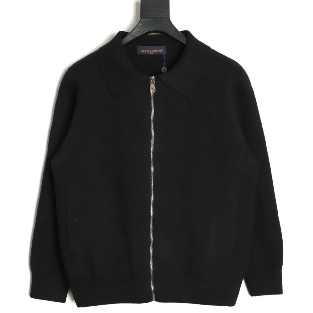 Louis Vuitton embossed logo zipup knit coat with lapelBlack,Louis Vuitton Jacket,Jacket,APPAREL