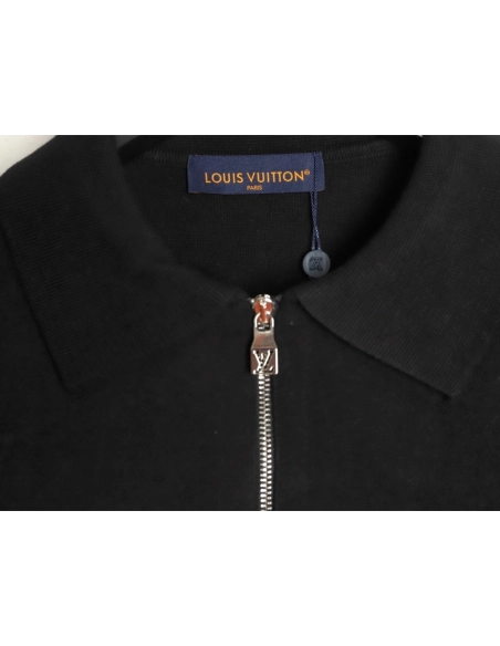 Louis Vuitton embossed logo zipup knit coat with lapelBlack,Louis Vuitton Jacket,Jacket,APPAREL