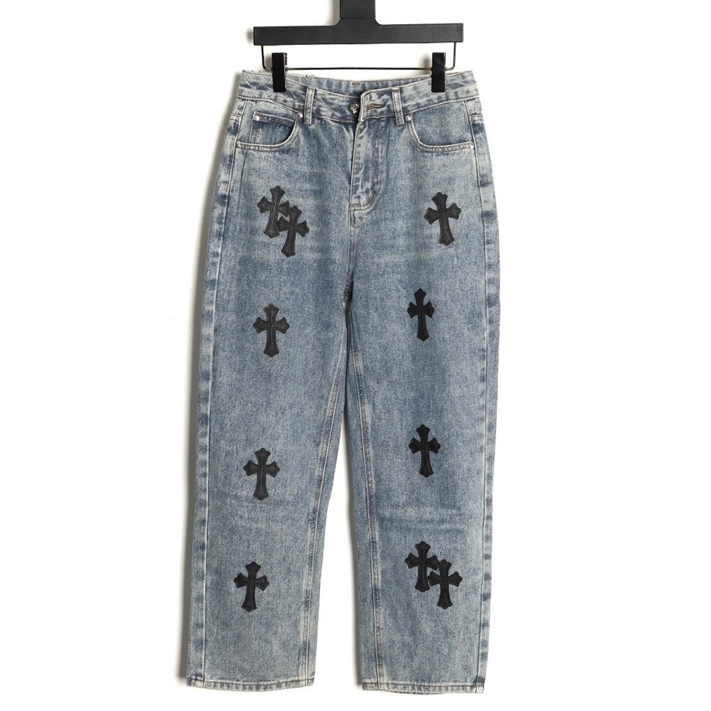 Chrome Hearts Cross Embroidered Washed Jeans,Chrome Hearts