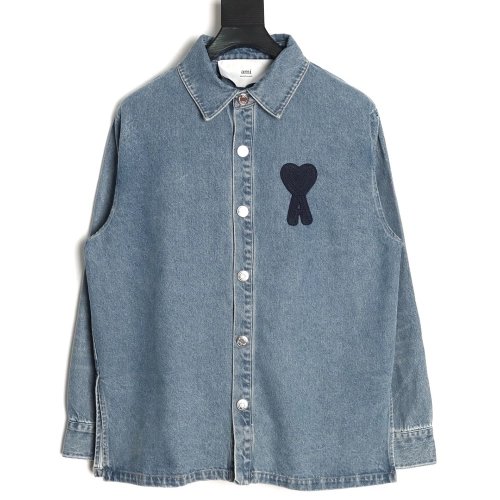 Ami Paris Woven HeartEmbroidered Denim Shirt,Ami Shirt,Shirt,APPAREL