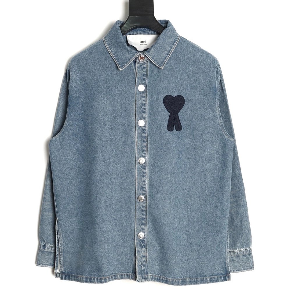 Ami Paris Woven HeartEmbroidered Denim Shirt,Ami Shirt,Shirt,APPAREL