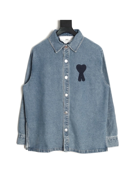 Ami Paris Woven HeartEmbroidered Denim Shirt,Ami Shirt,Shirt,APPAREL