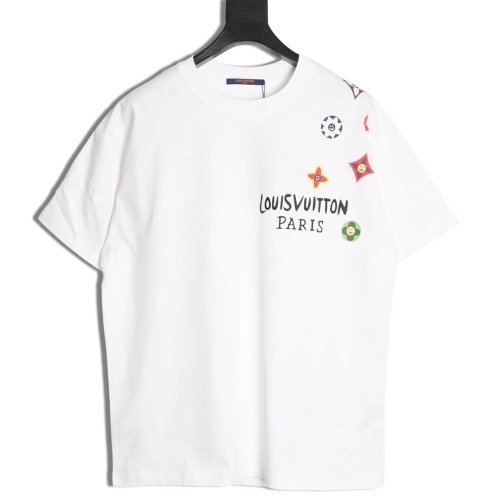 Louis Vuitton colorful smiley face four-leaf clover logo short-sleeved t-shirt TSK1,Louis Vuitton