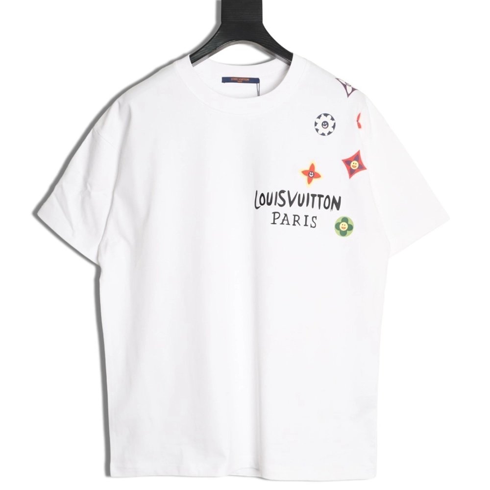 Louis Vuitton colorful smiley face four-leaf clover logo short-sleeved t-shirt TSK1,Louis Vuitton