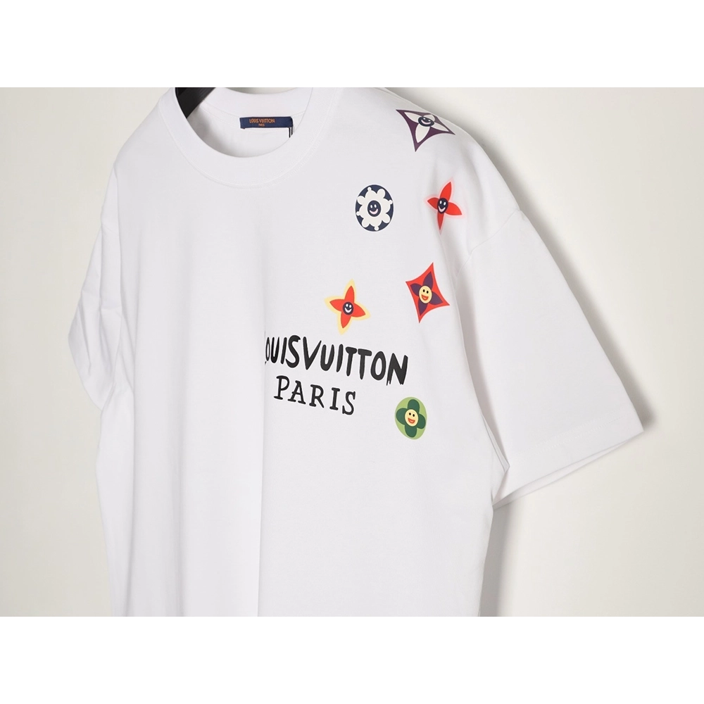 Louis Vuitton colorful smiley face four-leaf clover logo short-sleeved t-shirt TSK1,Louis Vuitton
