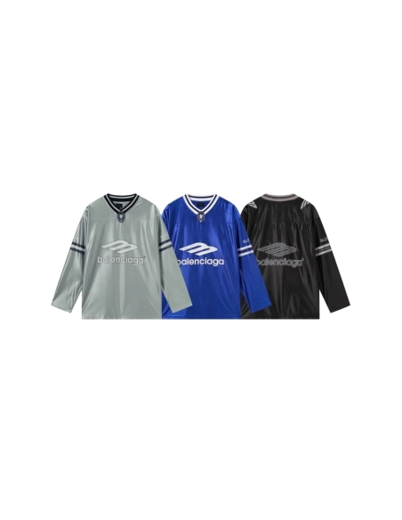 Balenciaga 3B Silhouette Ribbed V-Neck Printed Long-Sleeve T-Shirt Black Blue Gray,Balenciaga T Shirt,Tshirt,APPAREL