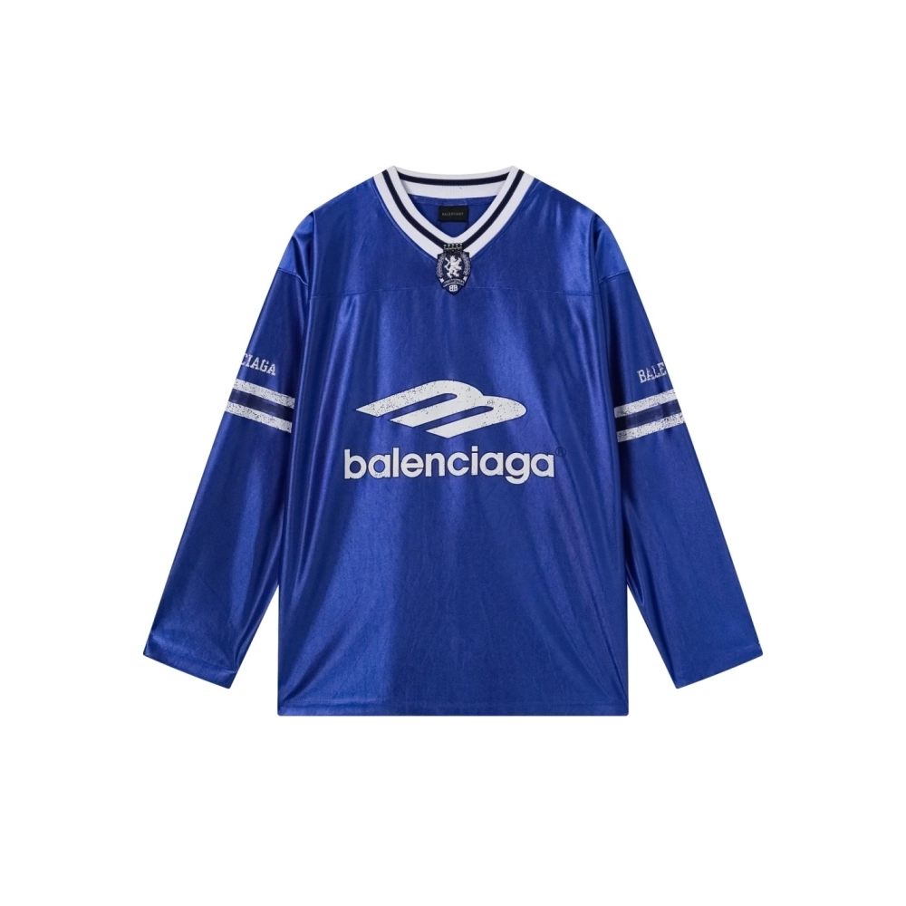Balenciaga 3B Silhouette Ribbed V-Neck Printed Long-Sleeve T-Shirt Black Blue Gray,Balenciaga T Shirt,Tshirt,APPAREL