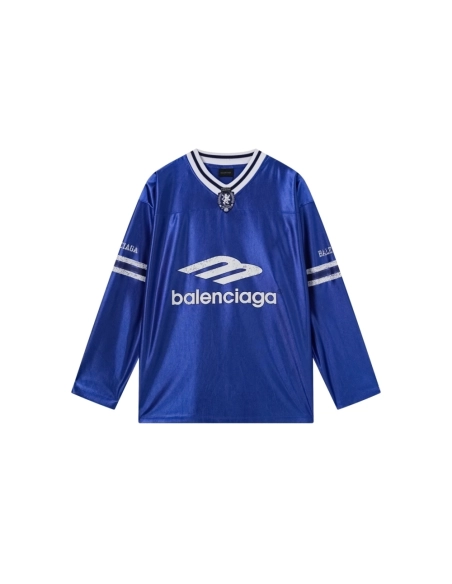Balenciaga 3B Silhouette Ribbed V-Neck Printed Long-Sleeve T-Shirt Black Blue Gray,Balenciaga T Shirt,Tshirt,APPAREL