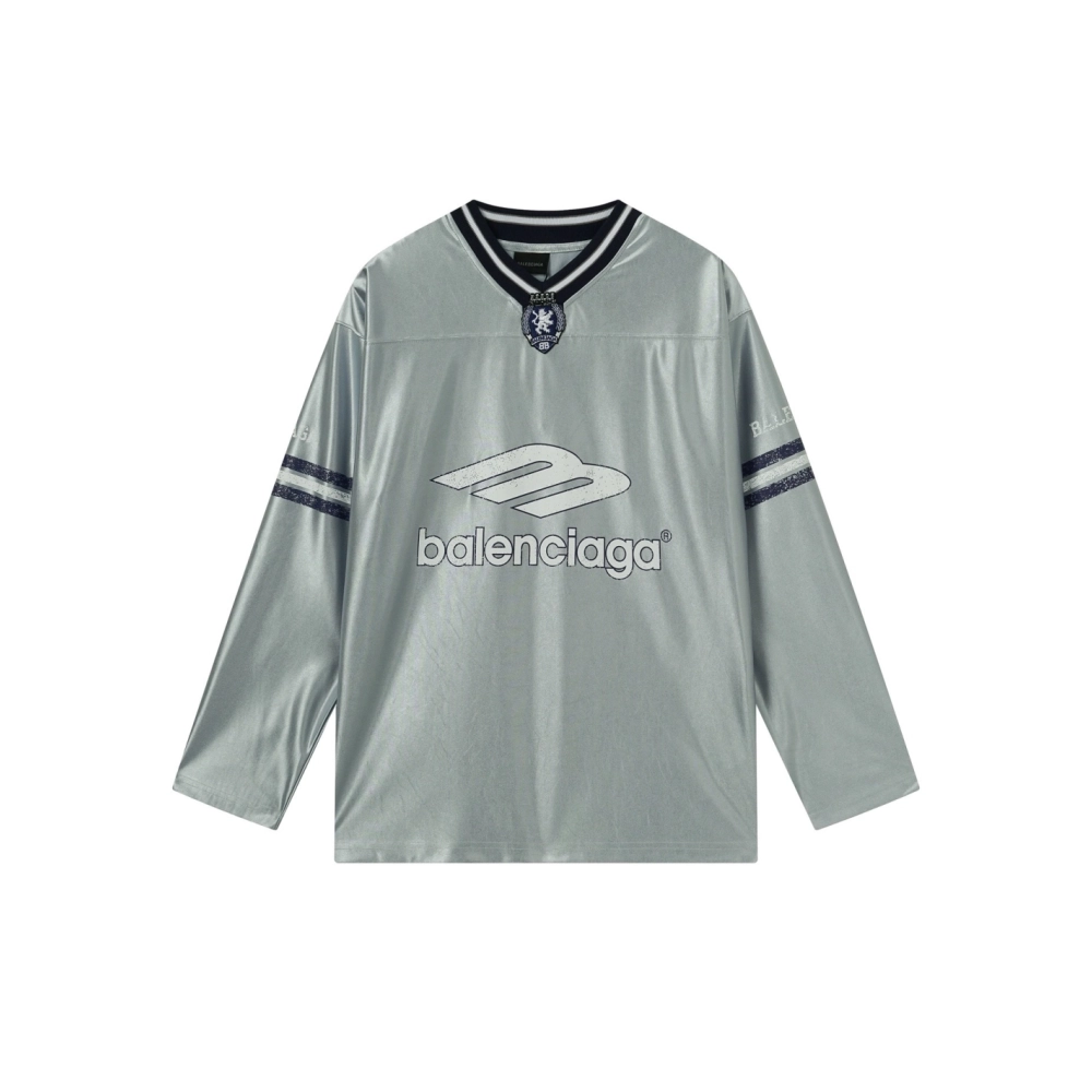 Balenciaga 3B Silhouette Ribbed V-Neck Printed Long-Sleeve T-Shirt Black Blue Gray,Balenciaga T Shirt,Tshirt,APPAREL