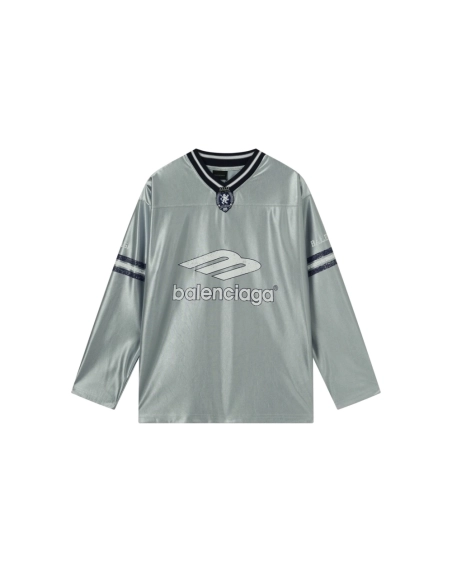 Balenciaga 3B Silhouette Ribbed V-Neck Printed Long-Sleeve T-Shirt Black Blue Gray,Balenciaga T Shirt,Tshirt,APPAREL