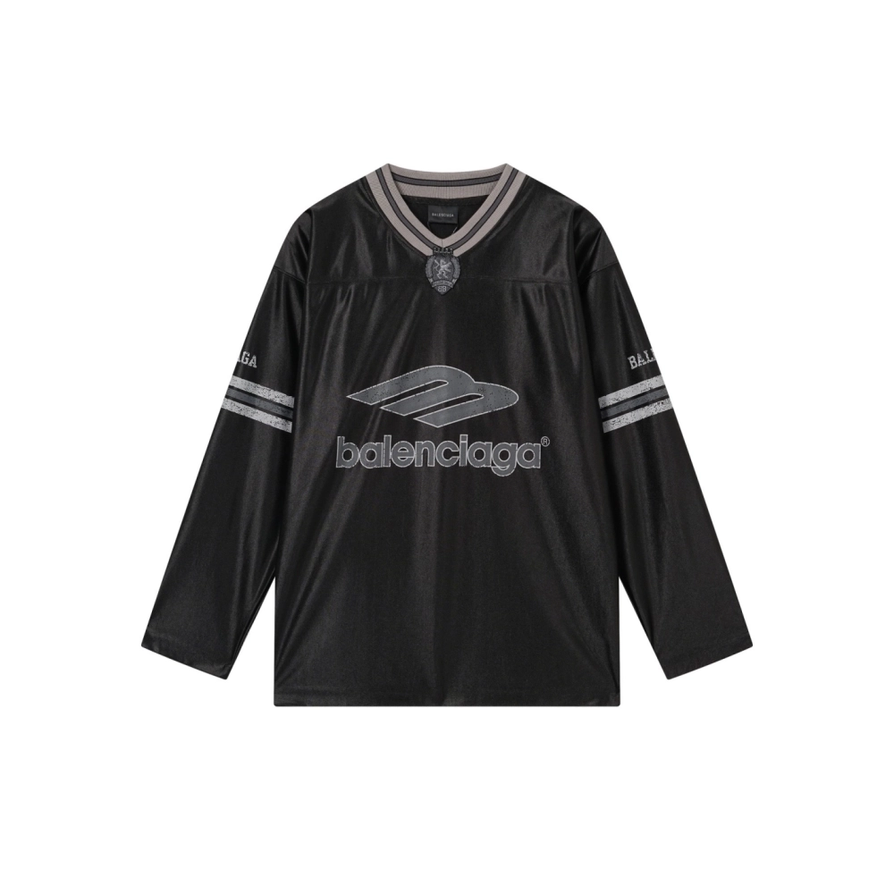 Balenciaga 3B Silhouette Ribbed V-Neck Printed Long-Sleeve T-Shirt Black Blue Gray,Balenciaga T Shirt,Tshirt,APPAREL