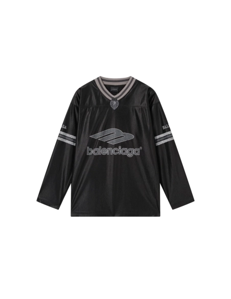 Balenciaga 3B Silhouette Ribbed V-Neck Printed Long-Sleeve T-Shirt Black Blue Gray,Balenciaga T Shirt,Tshirt,APPAREL