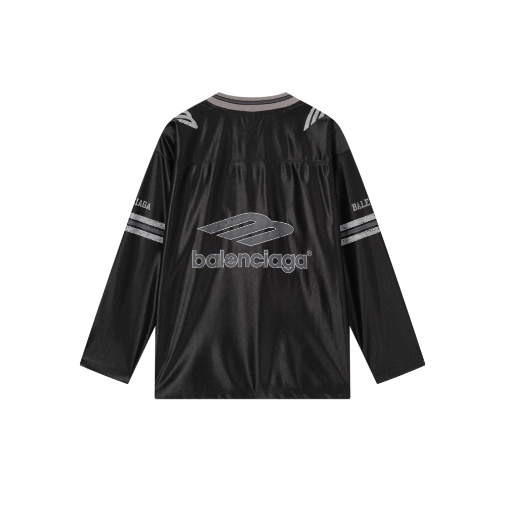 Balenciaga 3B Silhouette Ribbed V-Neck Printed Long-Sleeve T-Shirt Black Blue Gray,Balenciaga T Shirt,Tshirt,APPAREL
