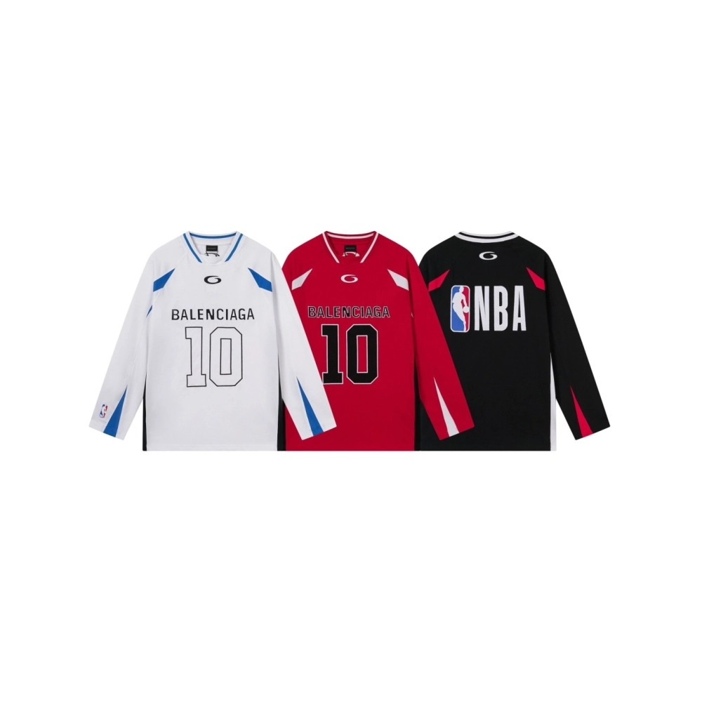 Balenciaga NBA Collab Health Mesh amp; Color-Block Long-Sleeve T-Shirt Black Red White,Balenciaga T Shirt,Tshirt,APPAREL