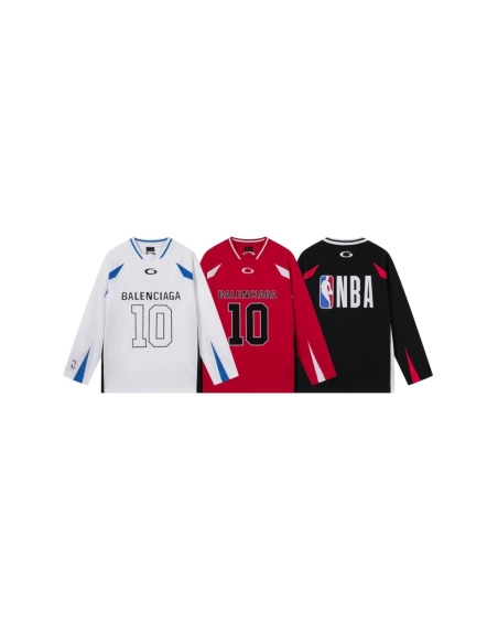 Balenciaga NBA Collab Health Mesh amp; Color-Block Long-Sleeve T-Shirt Black Red White,Balenciaga T Shirt,Tshirt,APPAREL