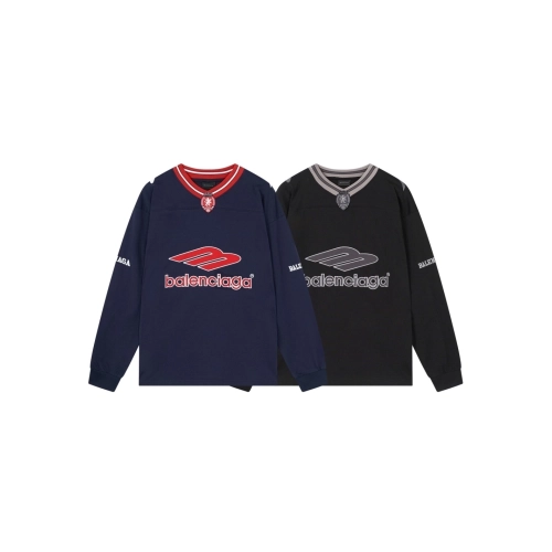 Balenciaga 3B Silhouette Ribbed V-Neck Embroidered amp; Printed Long-Sleeve T-Shirt Black Blue,Balenciaga T Shirt,Tshirt,APPAREL