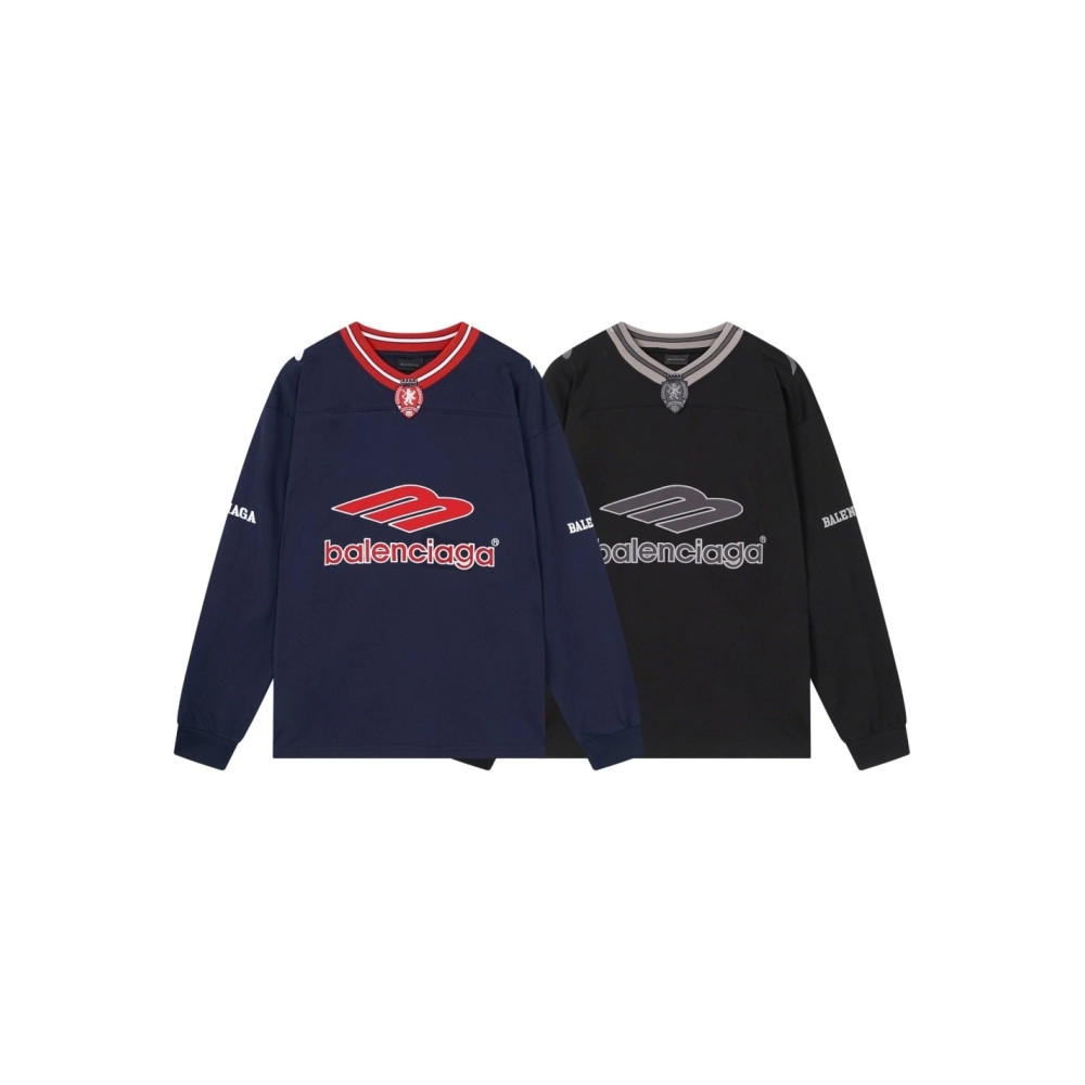 Balenciaga 3B Silhouette Ribbed V-Neck Embroidered amp; Printed Long-Sleeve T-Shirt Black Blue,Balenciaga T Shirt,Tshirt,APPAREL