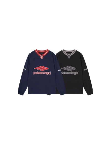 Balenciaga 3B Silhouette Ribbed V-Neck Embroidered amp; Printed Long-Sleeve T-Shirt Black Blue,Balenciaga T Shirt,Tshirt,APPAREL