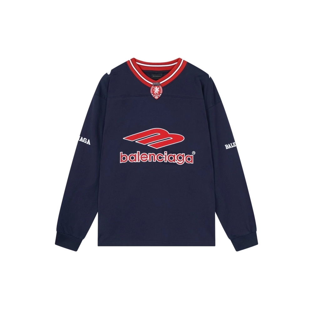 Balenciaga 3B Silhouette Ribbed V-Neck Embroidered amp; Printed Long-Sleeve T-Shirt Black Blue,Balenciaga T Shirt,Tshirt,APPAREL