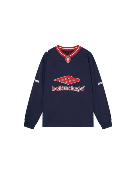 Balenciaga 3B Silhouette Ribbed V-Neck Embroidered amp; Printed Long-Sleeve T-Shirt Black Blue,Balenciaga T Shirt,Tshirt,APPAREL